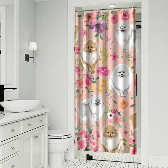 Pomeranian Dogs and Flowers Shower Curtain 36"x72" ,Bathroom Decorative Shower Curtains Set with 12 Hooks,Modern Waterproof Washable Shower Curtain