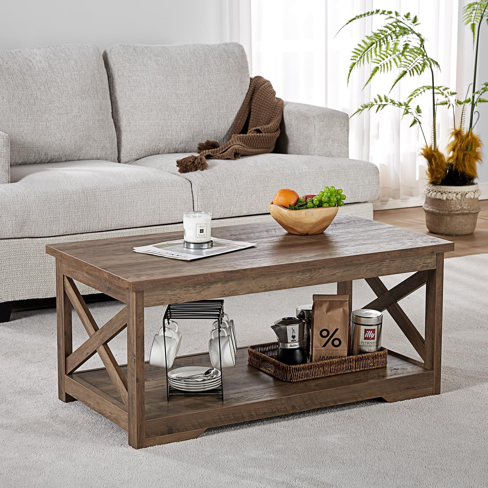 LUXOAK 3-Piece Farmhouse Table Set, Coffee Table & Two End Tables with Charging Station, Barnwood
