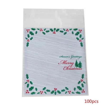 Machinehome Best Choice 100Pcs Red Christmas Pattern Packing Bag Resealable Plastic Biscuit Cookie Bakery Candy Package Adhesive Bags