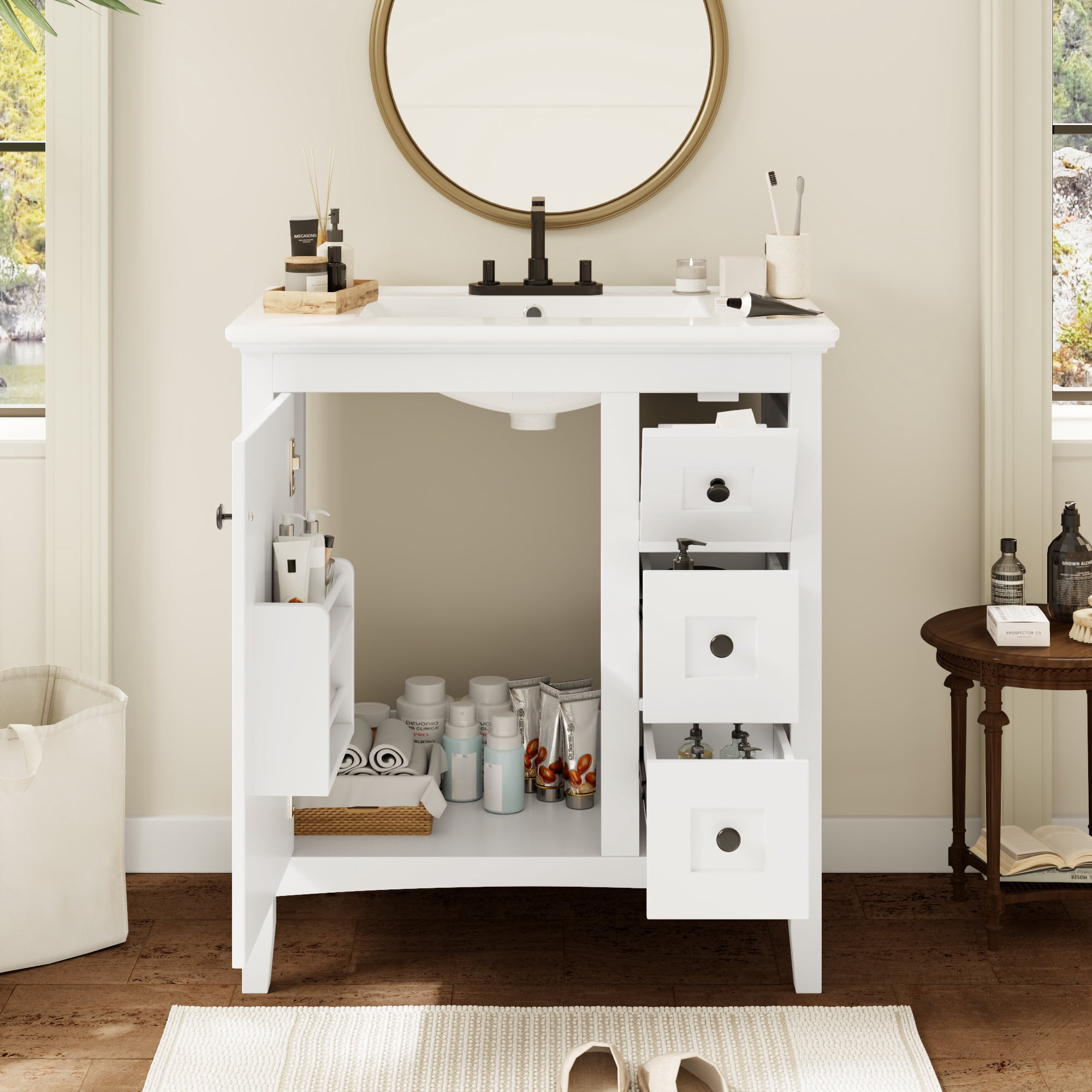 Euroco 30 Inch Bathroom Vanity with Ceramic Sink, White Bathroom with 3 Drawers, Solid Wood Frame Modern Bathroom Storage Cabinet , Ideal for Home