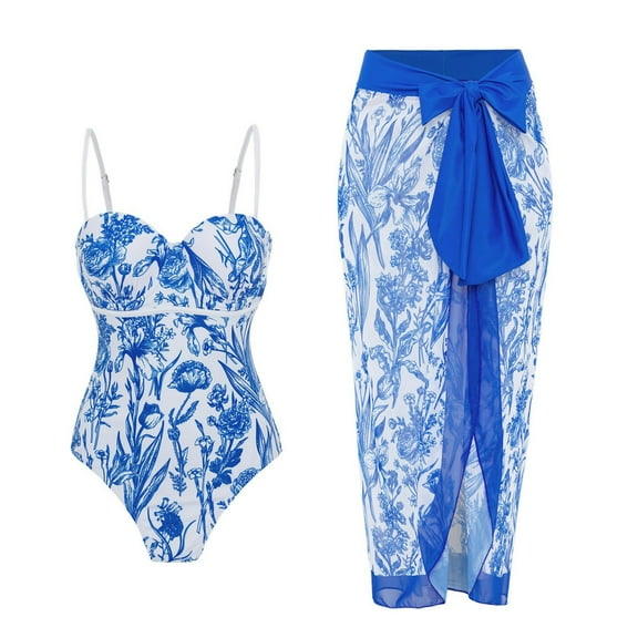 BONIXOOM Swimsuit Coverup For Women Underwire Elastic Printed Skirt High Cut Summer Swimwears on Clearance Blue Size 8