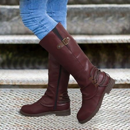

LYCAQL Womens Shoes Ladies Vintage Solid Color Leather Top Boots Side Zip Belt Buckle Flat Fashion Long Boots Womens Boots Knee High Suede ( 8.5)