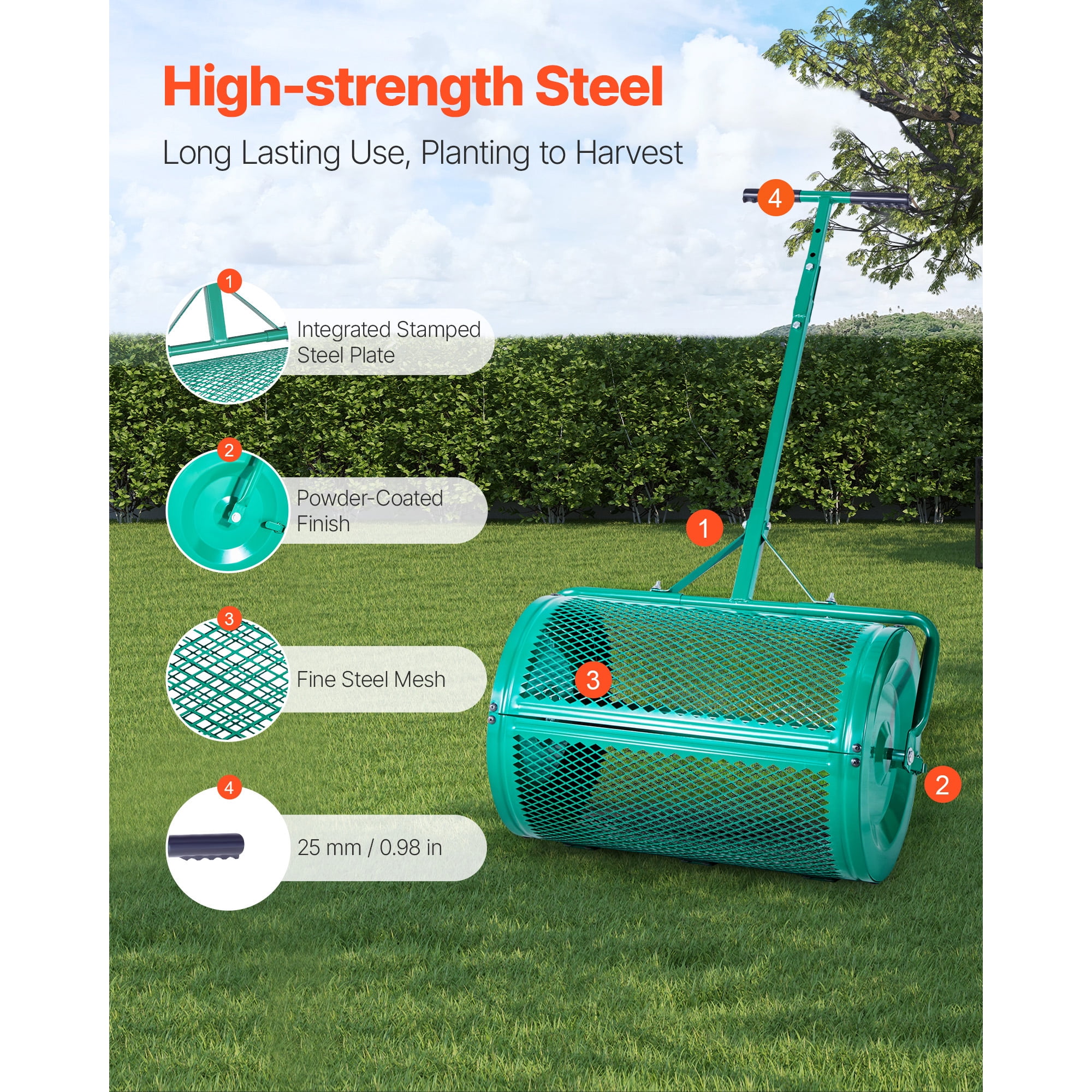 KFFKFF 24-Inch Compost Spreader with Adjustable Handle, Durable Steel Peat Moss Roller for Lawn and Garden Applications