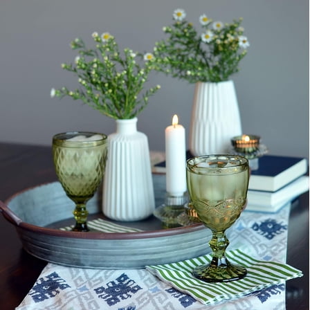 Baroque Goblet Glasses, Set of 6, Green Glass, Weighted, 10 Fluid Ounces/ 300 ml, 6.75 Inches Tall, Faceted and Beaded Arabesque Patterns