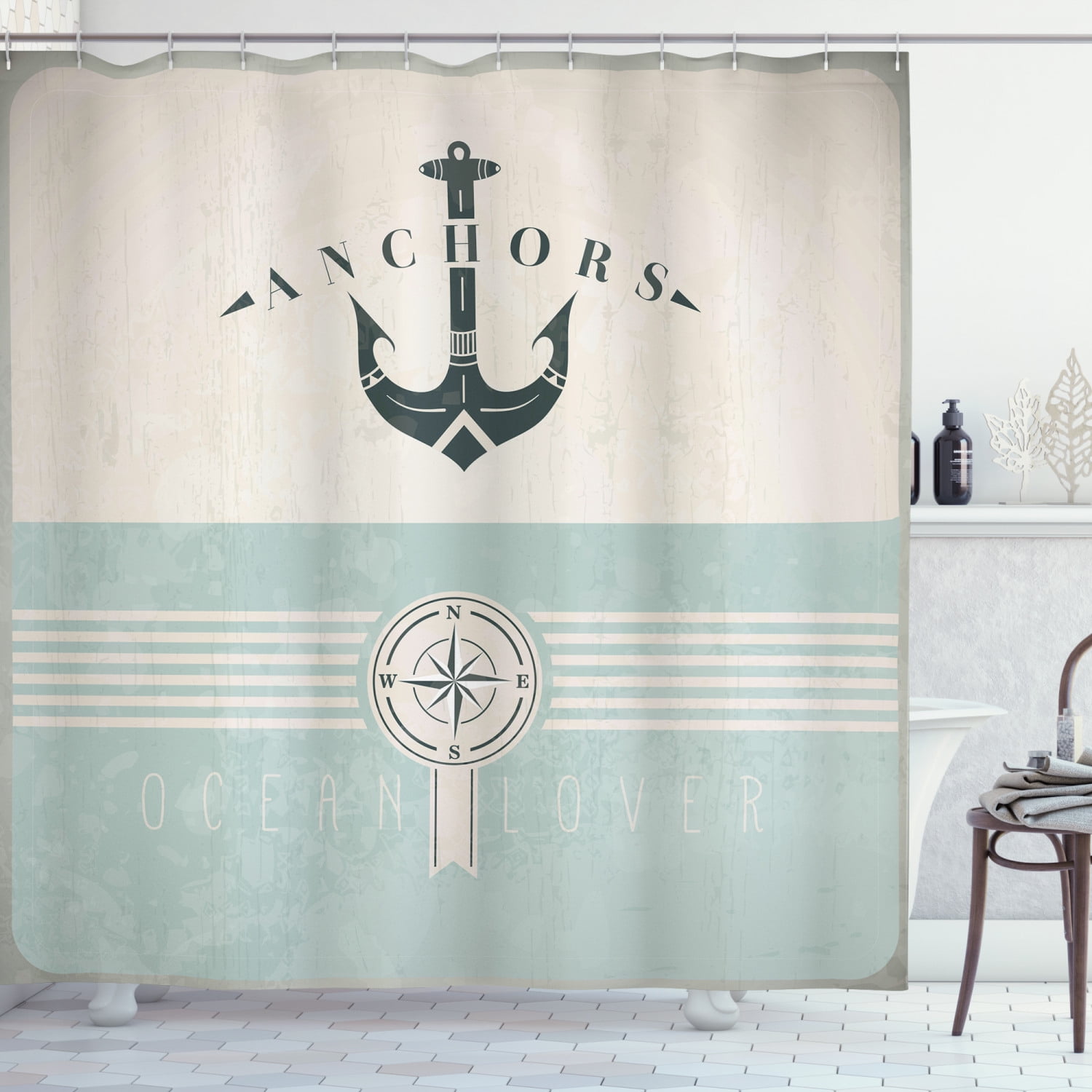 Vintage Nautical Anchor Rope Bathroom Waterproof Fabric Shower Curtain Hooks Mat 