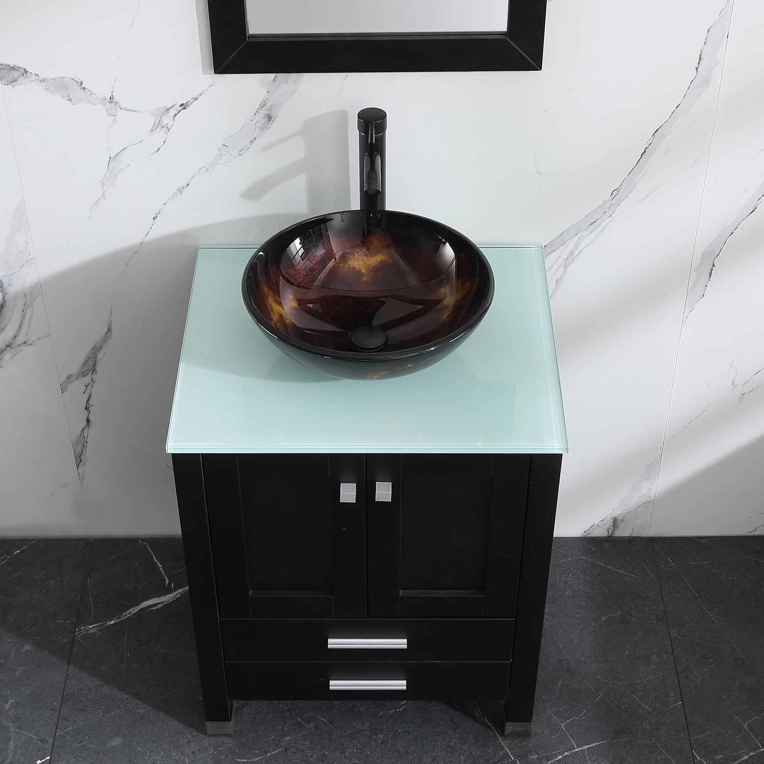 Wonline 24" Single Bathroom Vanity Cabinet Solid Wood w/ Mirrors Glass Vessel Sink