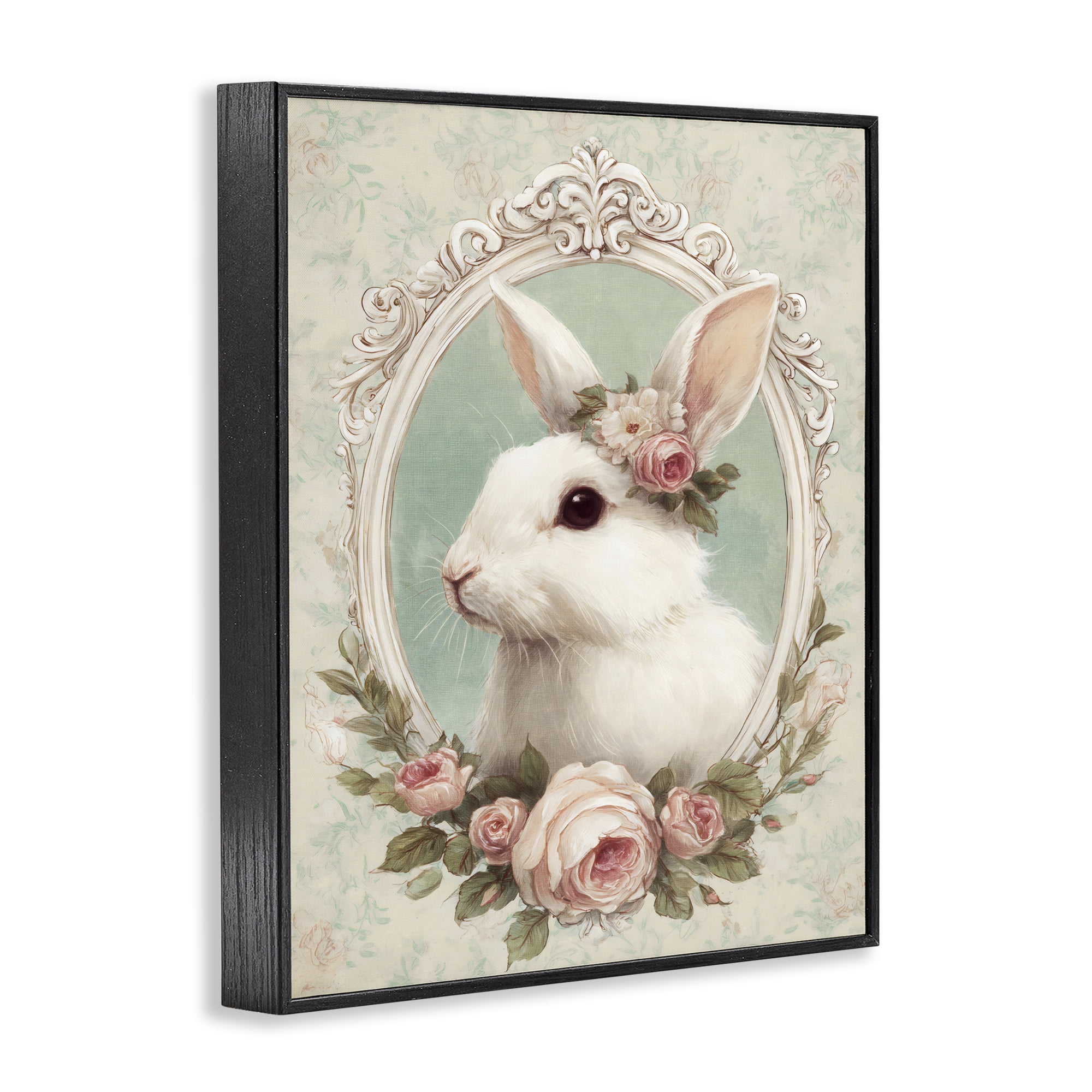Stupell Industries Flower Fringed Bunny Portrait Black Framed Giclee Art, design by Ink Drop Loft