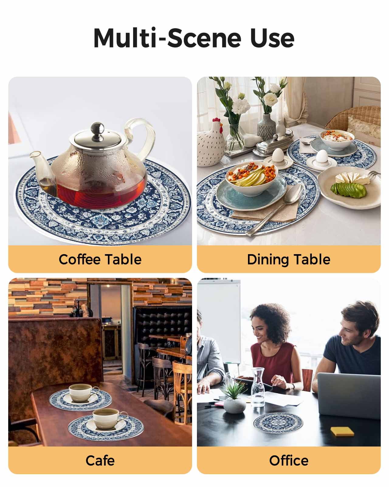 Round Placemats Bohemian White Blue Floral 15 inch Set of 4 Table Mats for Dining Table Vintage Ethnic Heat Resistant Non-Slip Kitchen & Home Decorative Place Mat Set