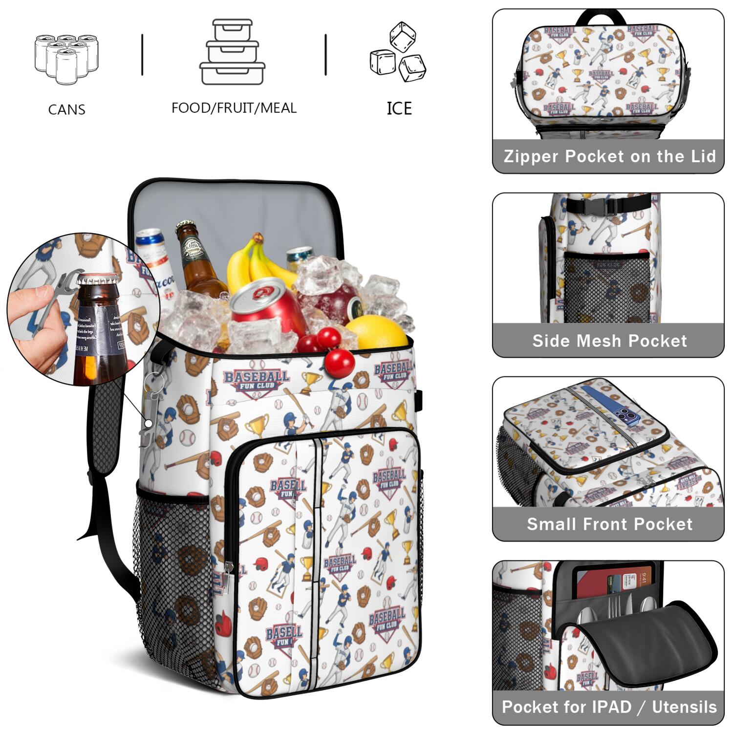 Travel Cooler Bag - White Baseball Fun Club Pattern Camping Beer Cooler Backpack with Bottle Opener- Waterproof Insulated Picnic Backpacks - Cooler Bag for Beach