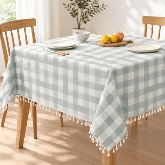 Gingham Square Tablecloth With Tassel Aqua 55" X