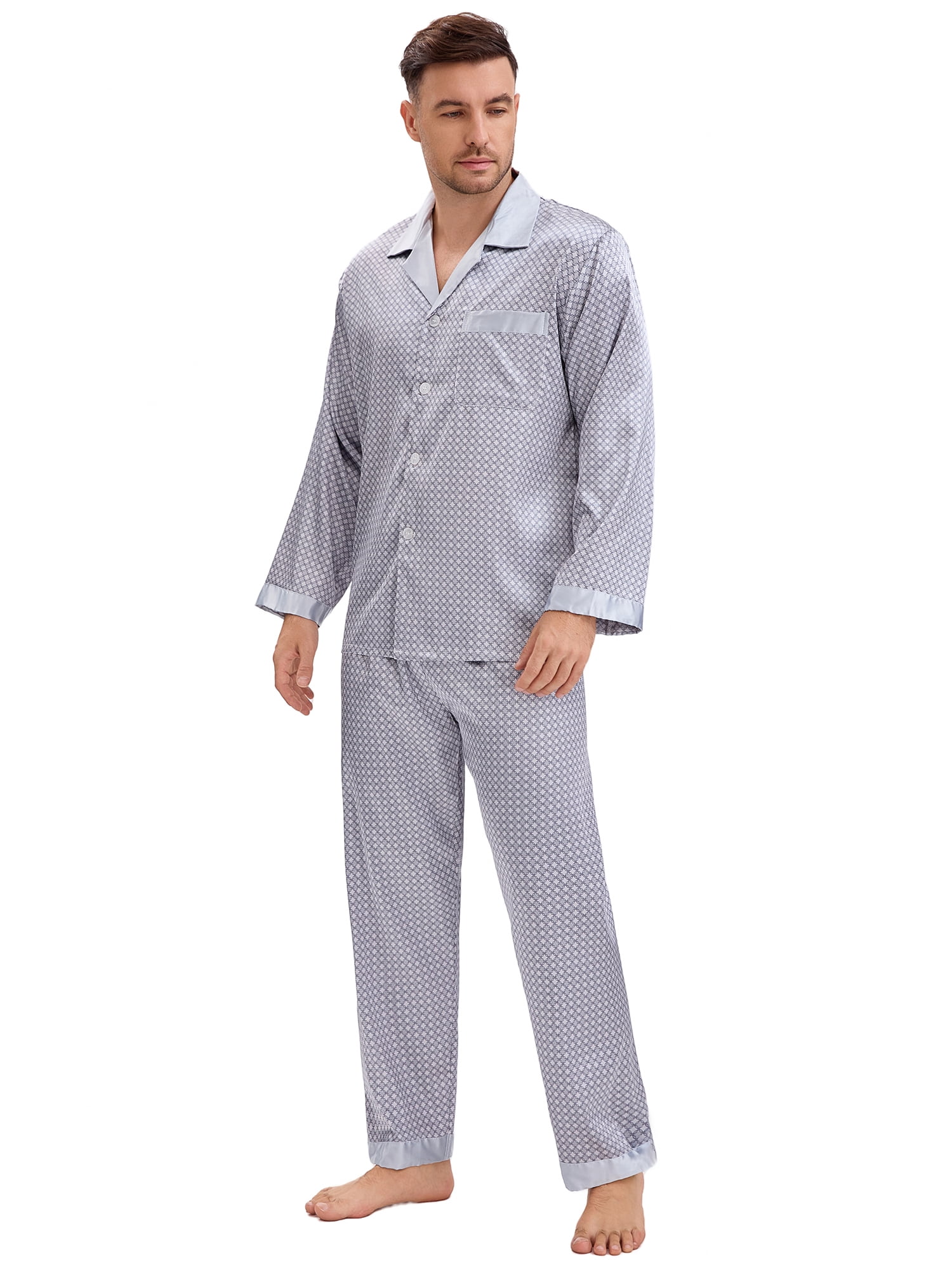 DARING DIVA Men's 2-Piece Button Down Printing Sleepshirt Pajamas Set L Silver Gray
