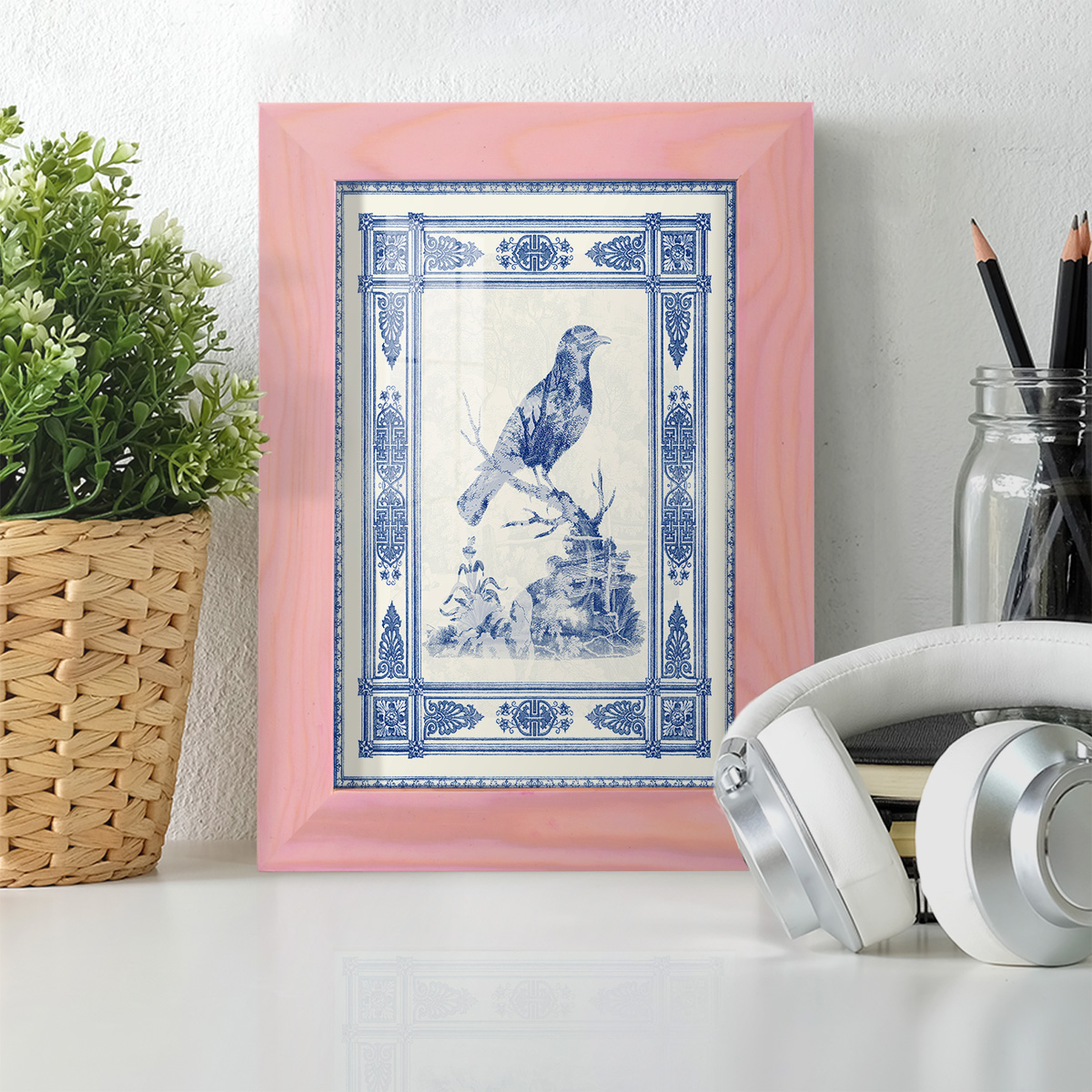 Toile de Jouy I -Framed Print w/glass-Sunset Pink