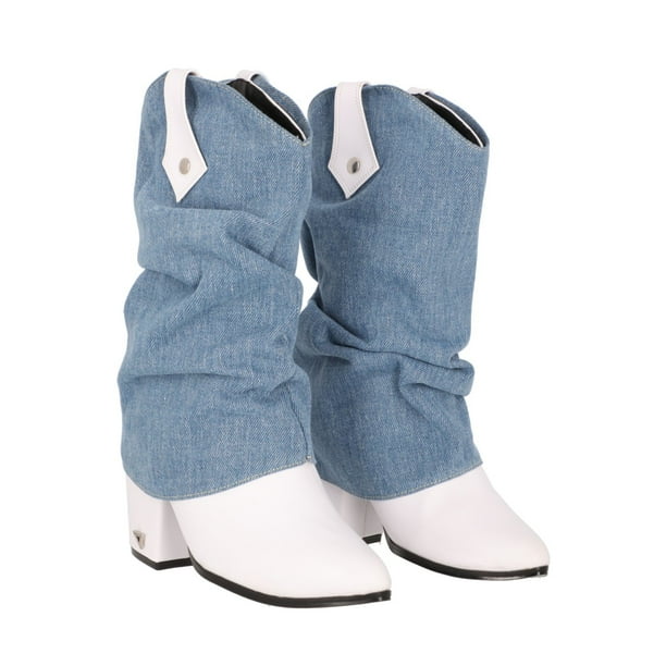 Platonia|Bota Vaquera Blanco Cowboy Denim Ivanna Mezclilla Desmontable Mujer, Bota Moderna Estilizada Cowboy