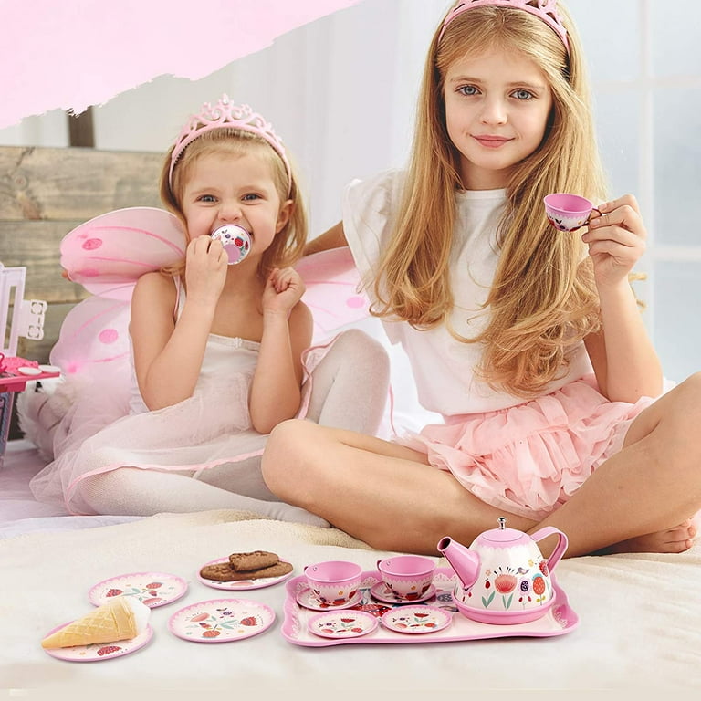 D-FantiX Kids Tea Set 15Pcs Pink Tin Tea Party Pretend Play Set
