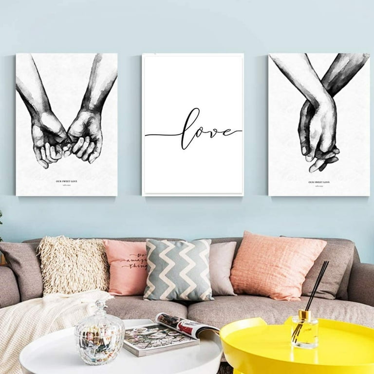 Love and Hand in Hand Wall Art Canvas Print Poster,Simple Fashion Black and White Sketch Art Line Drawing Decor for Home Living Room Bedroom Office(