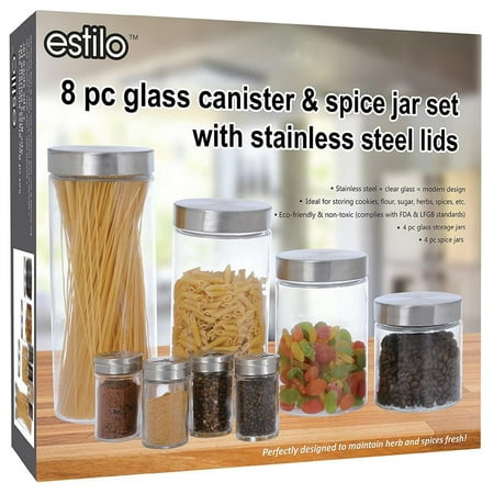 Estilo 8 Piece Glass Canisters And Spice Jar Set With Stainless Steel Screw On (Best Food Storage Canisters)