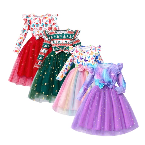 Bellafa Little Girls Ruffle Long Sleeve Tulle Dresses Toddler Kids Bowknot Mermaid Xmas Wedding Birthday Party Sparkle Tutu Dress 1-6 Years