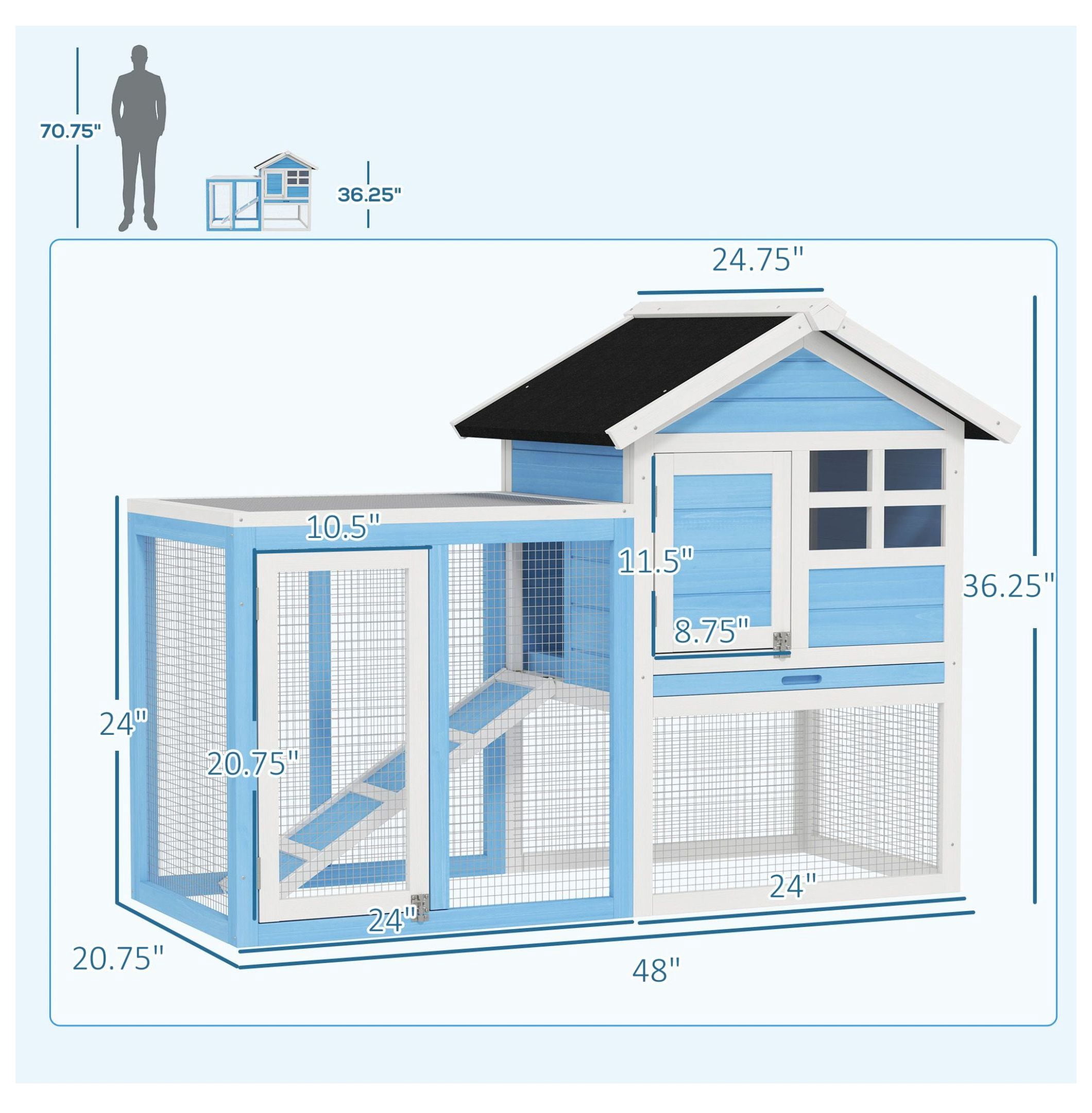 Indoor Rabbit Enclosure, Outdoor Hutch Inch Bunny Cage with Waterproof Roof Run Removable Tray Ramp Light Blue