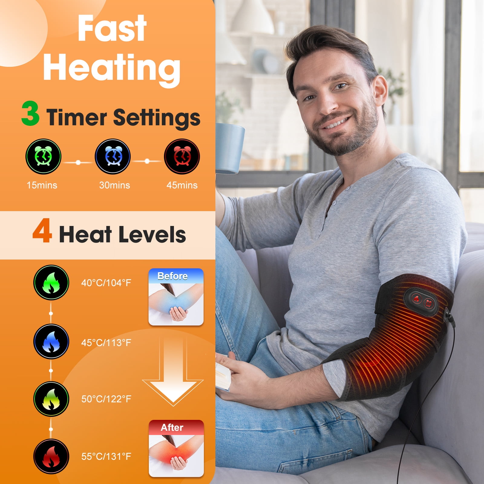 Heating Pad Wrap for Multiple Body Areas,Wearable Heating Wrap for Elbow Arm Wrist Ankle Leg Knee ,Wrap Around Heating Pad with 78" Long Charge Cord, 4 Heating Modes,3 Time Setting(Black)