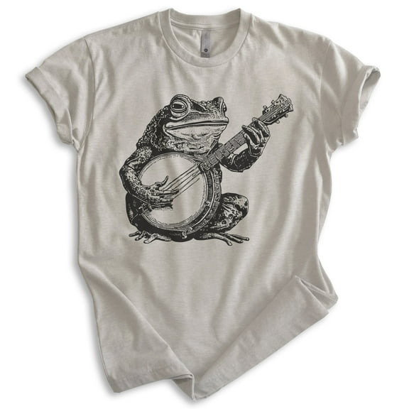 Frog Playing Banjo T-shirt, Unisex Women's Men's Shirt, Country Frog Banjo Guitar Music Bluegrass, Light Silk Gray, Medium
