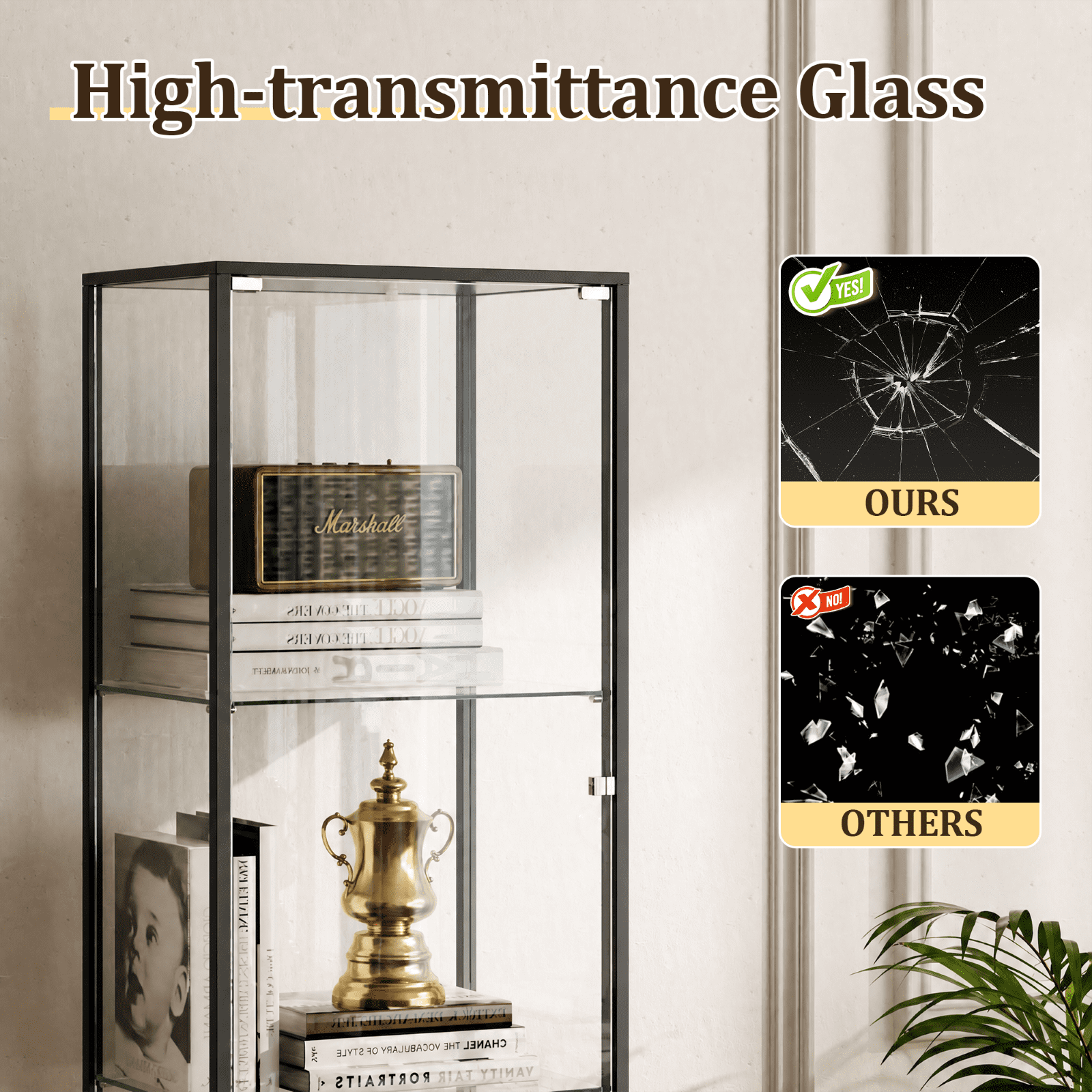 Gleamira 4-Shelf Glass Display Cabinet Freestanding Curio Cabinet with Aluminum Frame Single Glass Door, Black