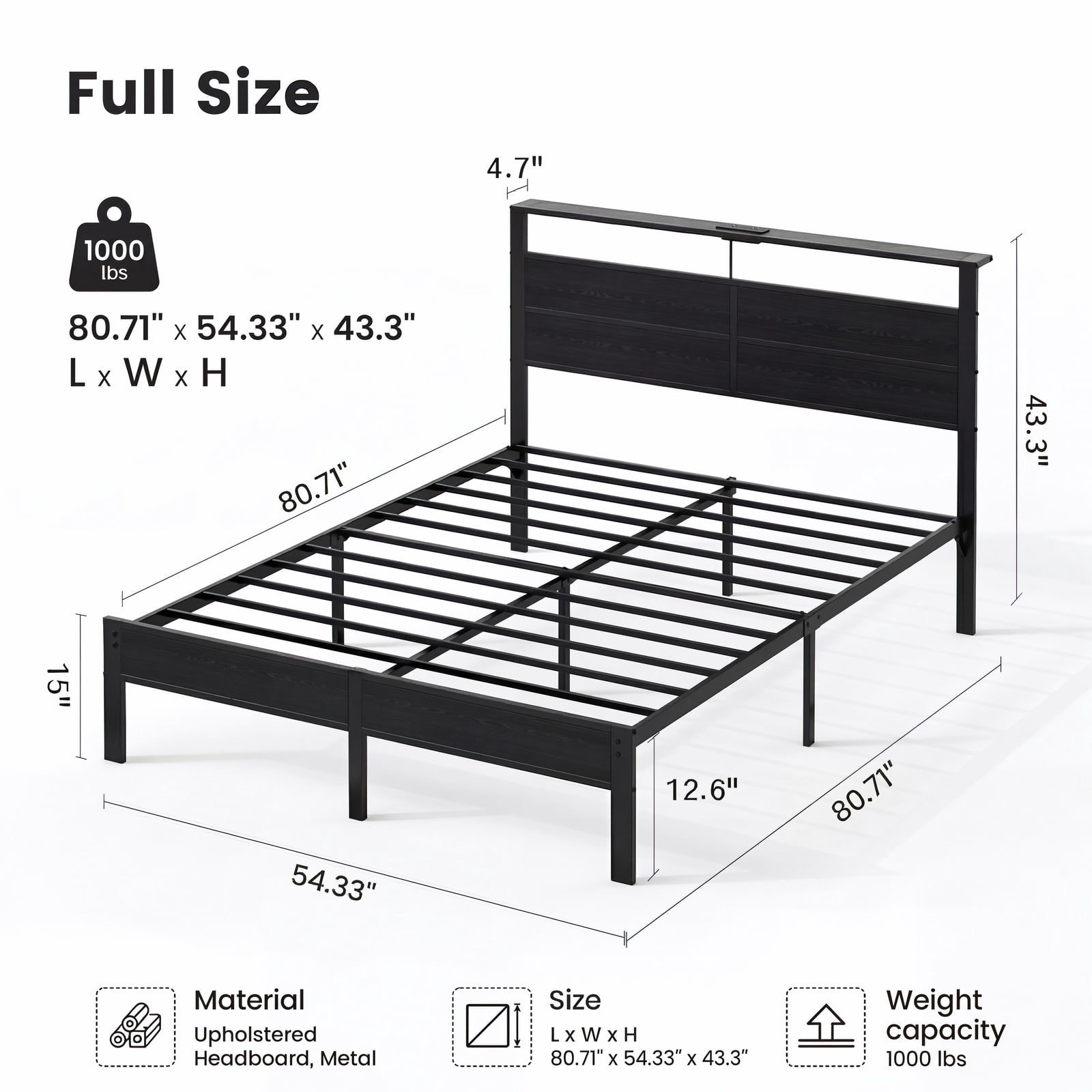 Kbun Full Size Platform Bed Frame with Wood Headboard, Metal Bed Frame with LED Light, Heavy Duty Steel Slat Supported Full Bed Frames, No Box Spring Needed, Black