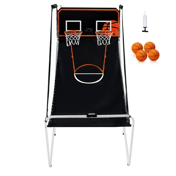 KFFKFF Ensemble d'Arcade de Basketball Pliable, Concours de Anneaux Intérieurs à Deux Participants, Sport Domestique à Double Tir Incluant 4 Ballons de Basketball, 8 Styles de Jeu, Système de Pointage Numérique et Pompe à Air