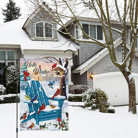 Hello Winter Garden Flag Chair Birds Garden Yard Flag 12x18 Double Sided Burlap Christmas Cardinal House Banner for Winter Christmas Seasonal Outside Outdoor Farmhouse Decoration (ONLY FLAG)