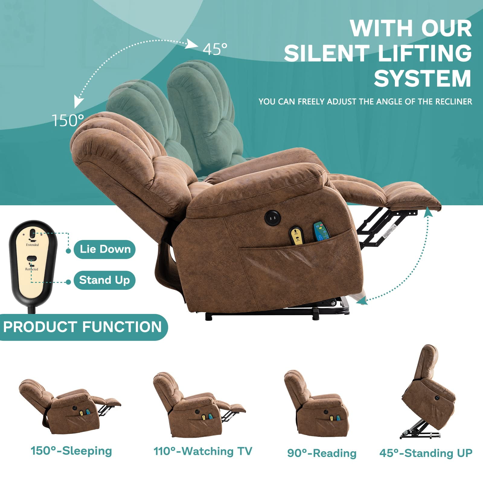 MEETWARM Large Power Lift Electric Recliner Chair with Massage and Heat, Overstuffed Wide Recliner for Elderly Big People, Heavy Duty Recliners with 2 Remote Controls, USB Ports, 2 Side Pocke (Brown)