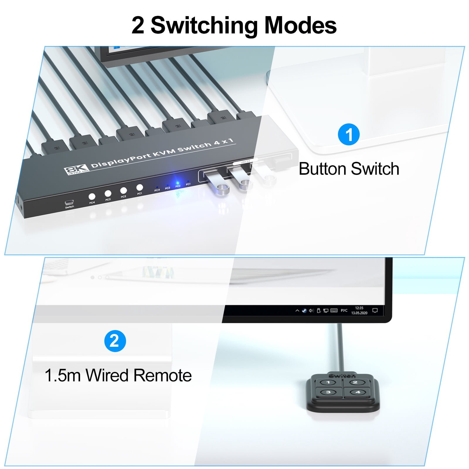4 Port Displayport KVM Switch 1 Monitor 4 Computers, USB 3.0 8K60Hz 4K120Hz DP KVM Switch for Controlling 4 Computers with 1 Set of Keyboard and Mouse