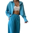 thumbnail image 5 of Arvbitana Women Pants Set Long Sleeve Solid Turn-down Collar Button Closure Cropped Jacket Cardigan Coat Top and Wide-Leg Pants Set Fall Slim Fit Cozy Outfit, 5 of 9