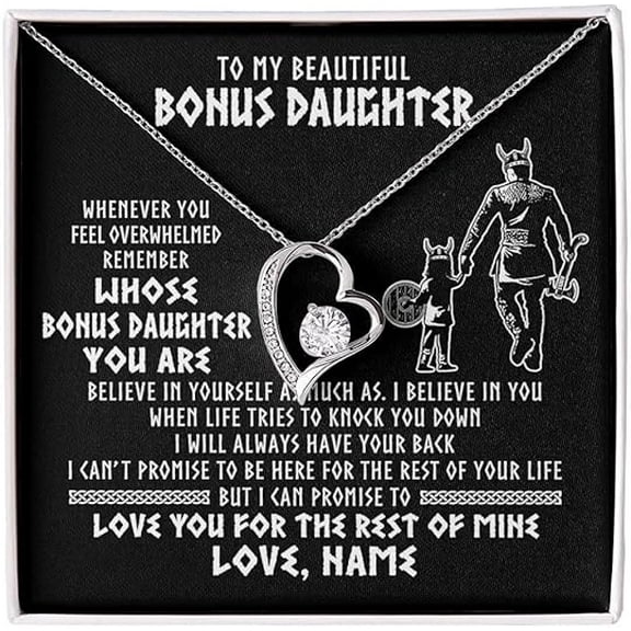 Bonus Daughter Necklace from Bonus Father, Zircon Heart Necklace Gift for Step Daughter from Step Father with Message Card and Gift Box, Wedding Gift for Bonus Daughter from Father