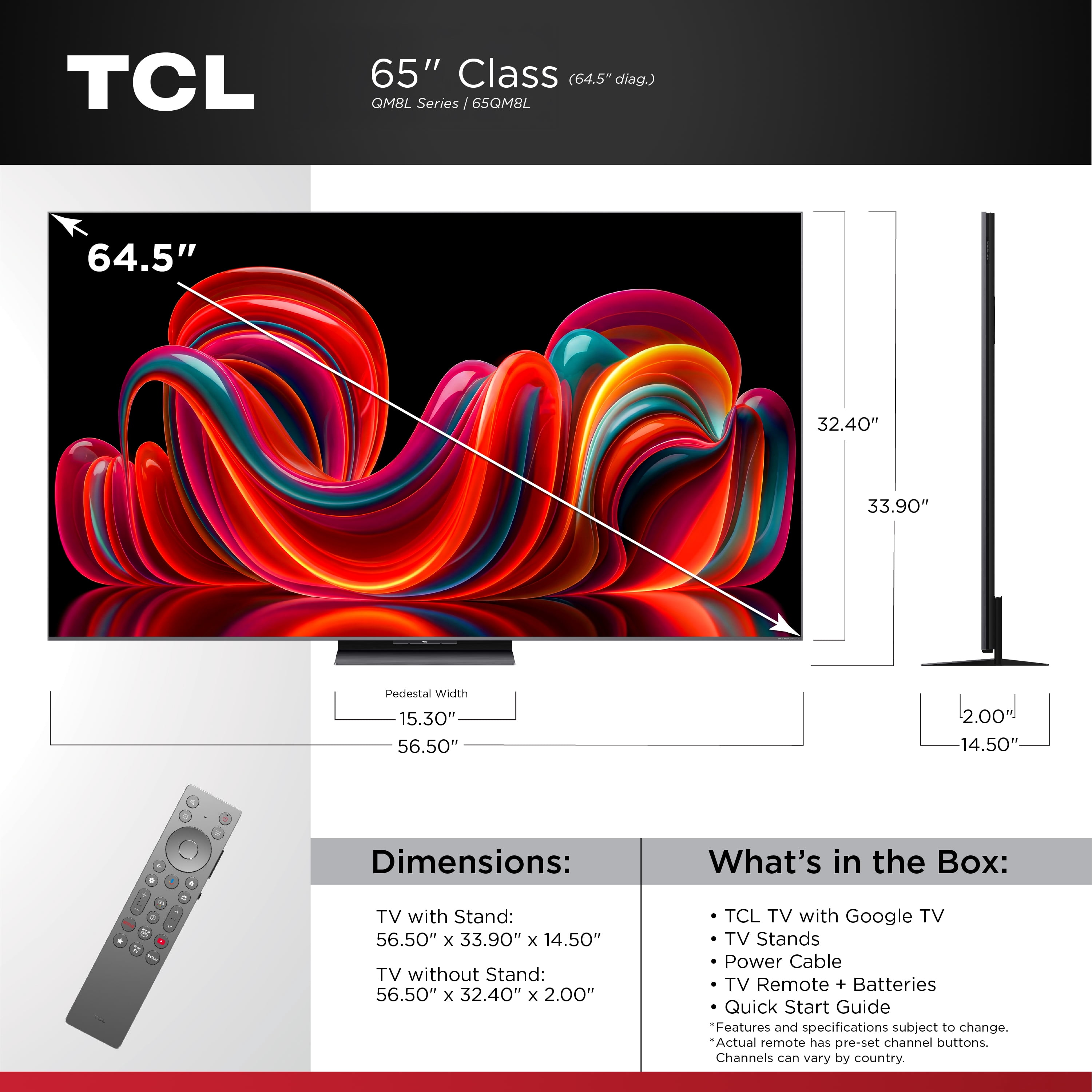 TCL 65” QM8L Series SQD-Mini LED QLED Smart Google TV (NEW 2026) - TCL Deep Color System with Super QLED, Up to LD4000 Precise Dimming Series, Up to HDR6000 Peak Nits, WHVA 2.0 Ultra Panel - 65QM8L