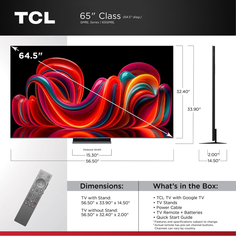 TCL 65” QM8L Series SQD-Mini LED QLED Smart Google TV (NEW 2026) - TCL Deep Color System with Super QLED, Up to LD4000 Precise Dimming Series, Up to HDR6000 Peak Nits, WHVA 2.0 Ultra Panel - 65QM8L front and back view