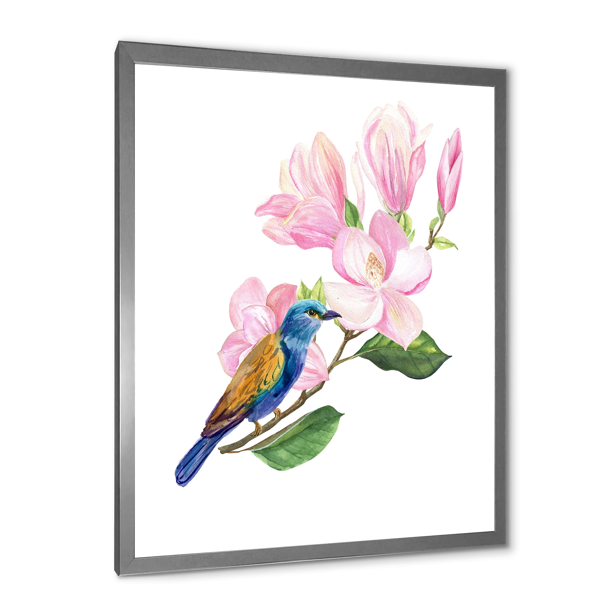 Designart 'Blue Bird Sitting On A Pink Magnolia' Traditional Framed Art Print