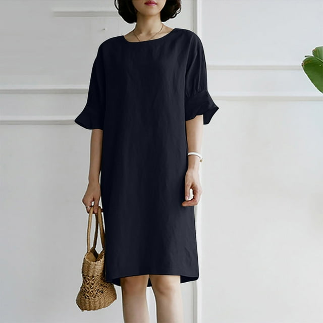 SMihono Robe d'Été Boho pour Femmes Grande Taille Robe d'Été Décontractée en Coton Lin Manches Courtes Col Rond Robe Unie