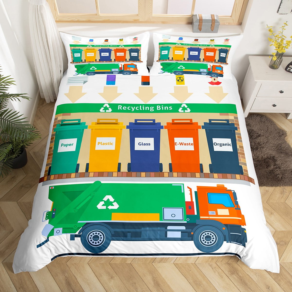 Recycling Trash Truck Duvet Cover Queen Size,Creen Garbage Truck