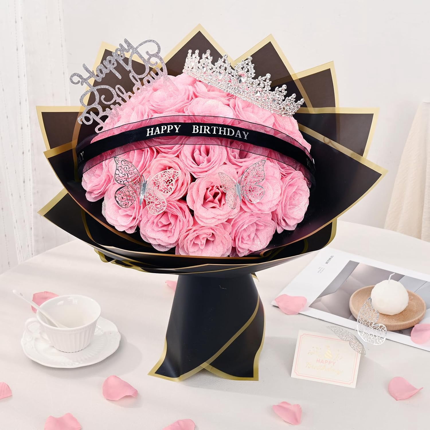 Yastouay Glitter Roses Bouquet,DIY Birthday Fake Roses,36Pcs Pink Everlasting Shiny Artificial Rose Bouquet As Birthday Gifts for Women