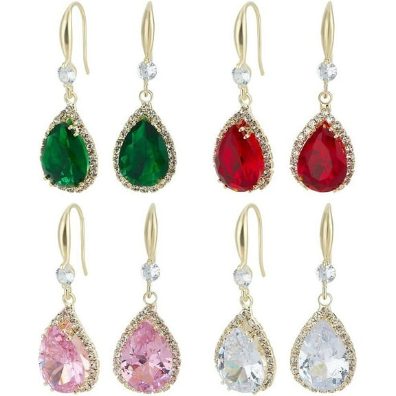 4 Pairs Rhinestone Teardrop Dangle Earrings for Women Pink Green Red White Trendy Elegant Crystal Golden Drop Dangle Jewelry Set Gift Lightweight