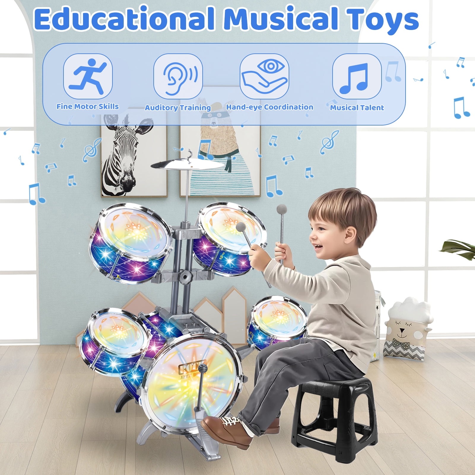 LINXUXIE Upgrade Big Size Kid Drum Set for Toddlers with 5 Jazz Drum Kit & Star Light Musical Instrument Toys,Boys Gils Gifts for Aged 1-3 3-5