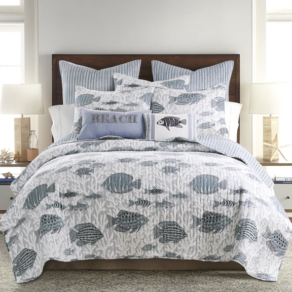 Levtex Home - Cambria Quilt Set - Full/Queen Quilt (88x92in.)   Two Standard Pillow Shams (26x20in.) - Coastal - Navy, Blue, Grey and Cream - Reversible - Cotton Fabric
