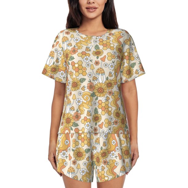 Balery Retro 70s 60s Flower Conjunto de Pijama para Mujer con Estampado, Dos Piezas de Manga Corta y Shorts, Ropa de Dormir Suave con Cuello Redondo y Bolsillos-Small