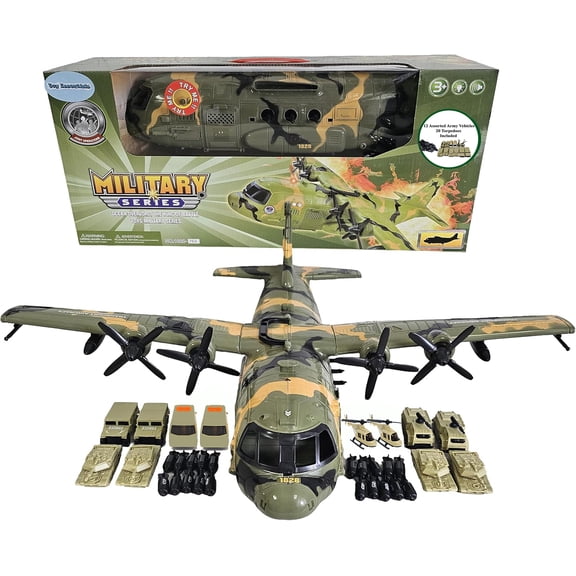 Toy Essentials Large Military 21-Inch Cargo Plane C130 Bomber Combat Air Force with Working Doors 20 Bombs and 12 Military Army Vehicles