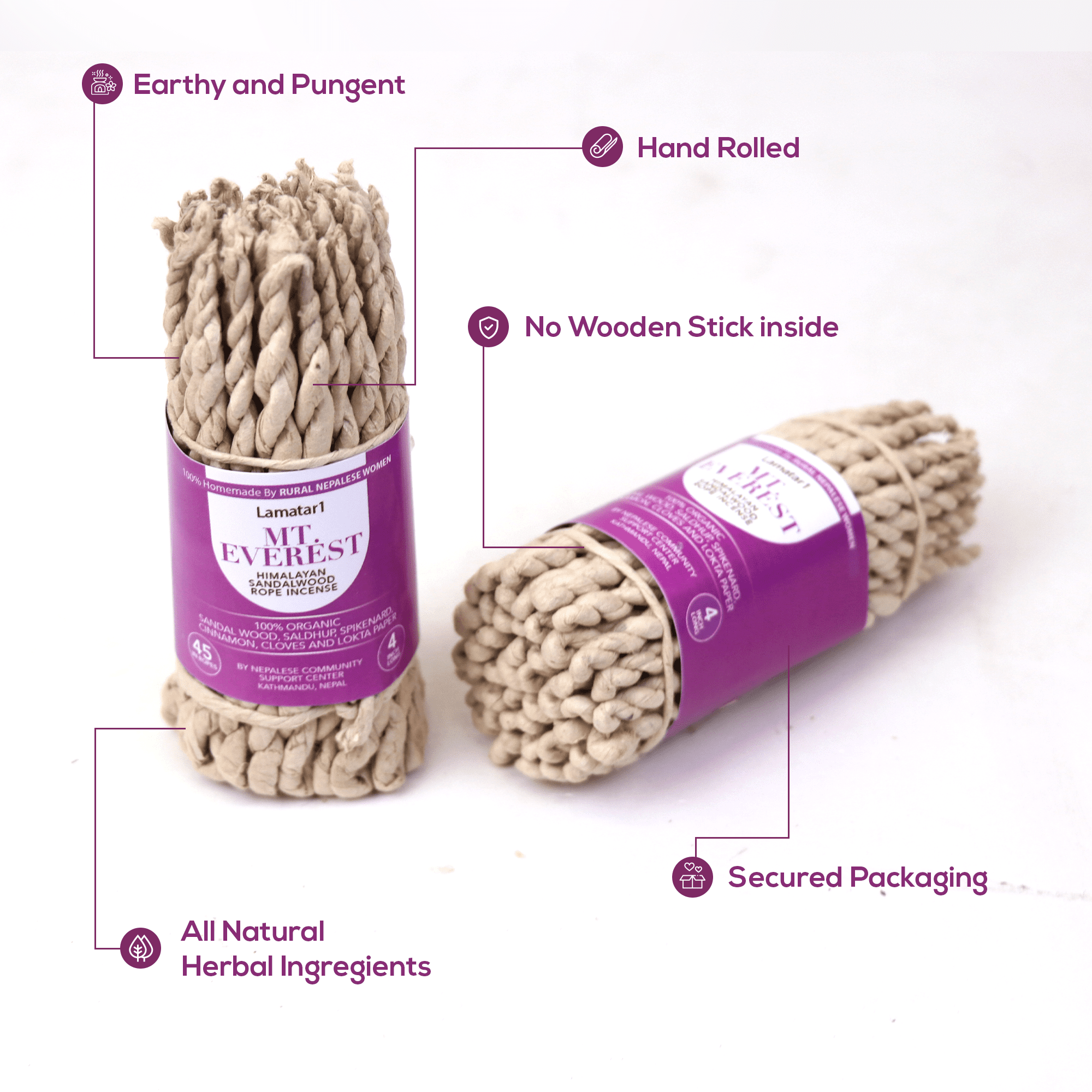 Natural Sandalwood Rope Incense Set of 6 Bundles, 4 Inches Long, 45 Ropes per Bundle Handmade in Nepal