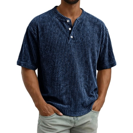 JTSRKL Men s 3-Button Ribbed Knit Shirts Crew Neck Summer Short Sleeve Stretchy Textured Tees Casual Vacation Golf Tops Navy XL