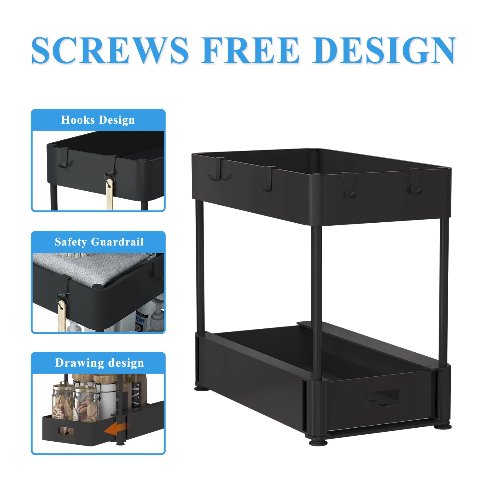 Wisdom Star 2-Pack Under Sink Organizer Set, Slide Out Locking Cabinet with Hooks, 15.75"*8.58"*13.18", Black