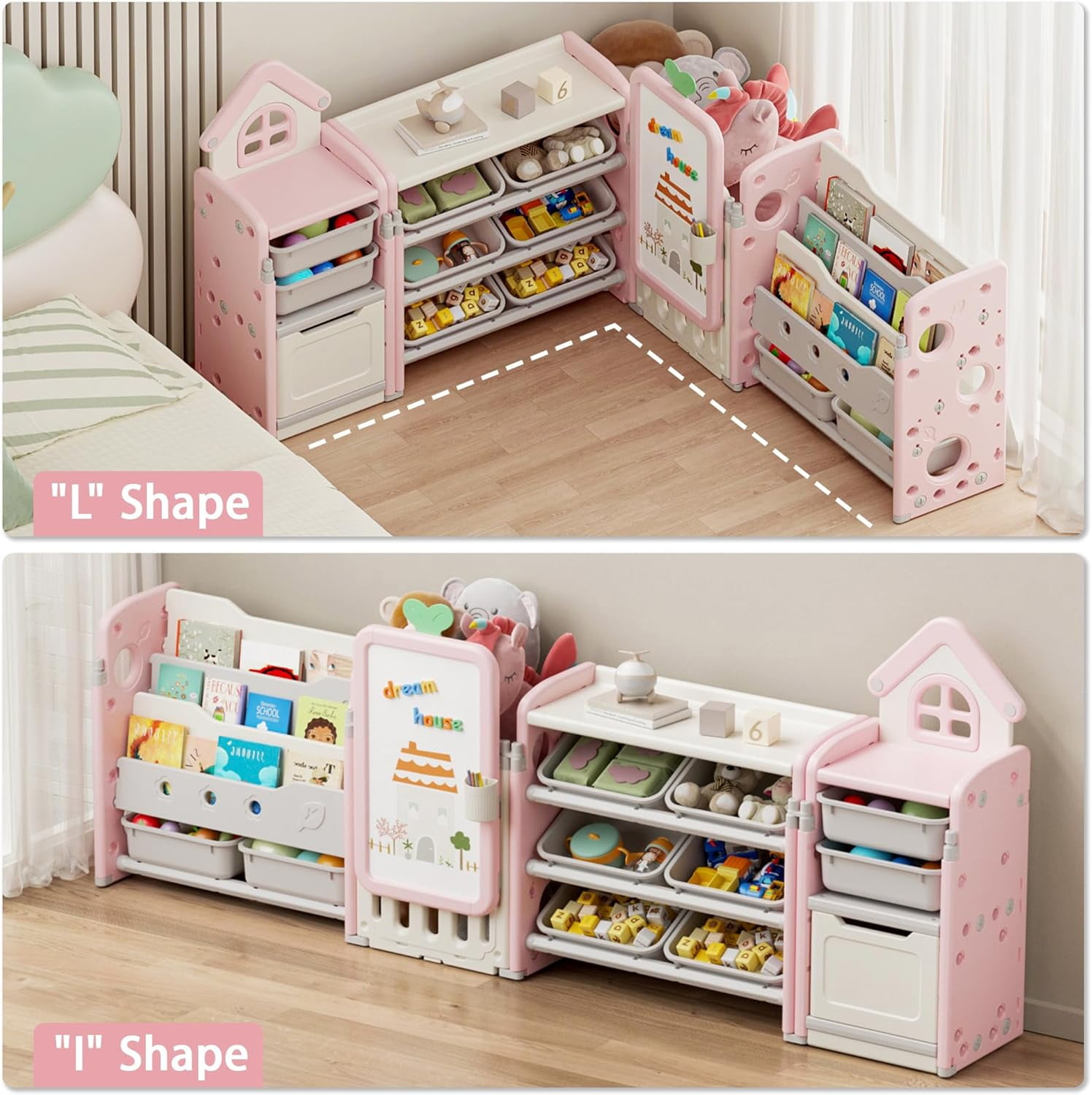 Kids Toy Storage Organizer with 10 Removable Bins, NEORIVER Foldable Toy Organizers and Storage with 3-Tier Bookshelf for Kids Toy Storage Organizer with Drawing Board, Extra 3 Brushes