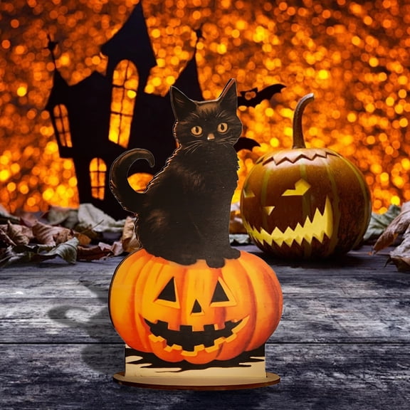 Clearance Halloween Decor Under $6 Wooden Halloween Tabletop Decoration Indoor Jack O ' Cat Centerpiece Outdoor Sitting On A Pumpkin Happy Halloween Trick Or Decoration With,1PC