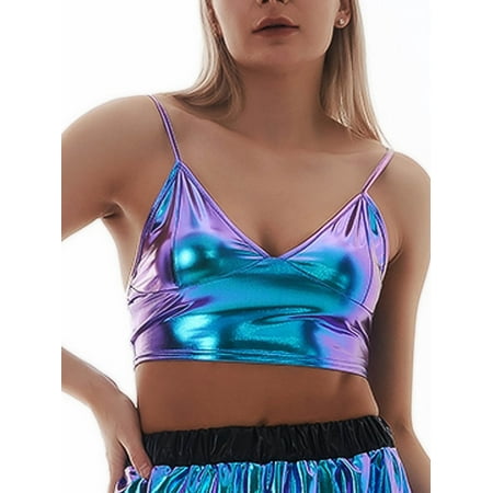 

JustVH Women Sexy Spaghetti Strap Laser Party Stage Bra Crop Top
