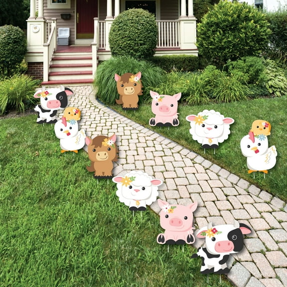 Big Dot of Happiness Girl Farm Animals - Lawn Decorations - Outdoor Pink Barnyard Baby Shower or Birthday Party Yard Decorations - 10 Piece